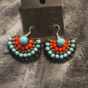 Turquoise & Coral Beaded Half-Moon Earrings